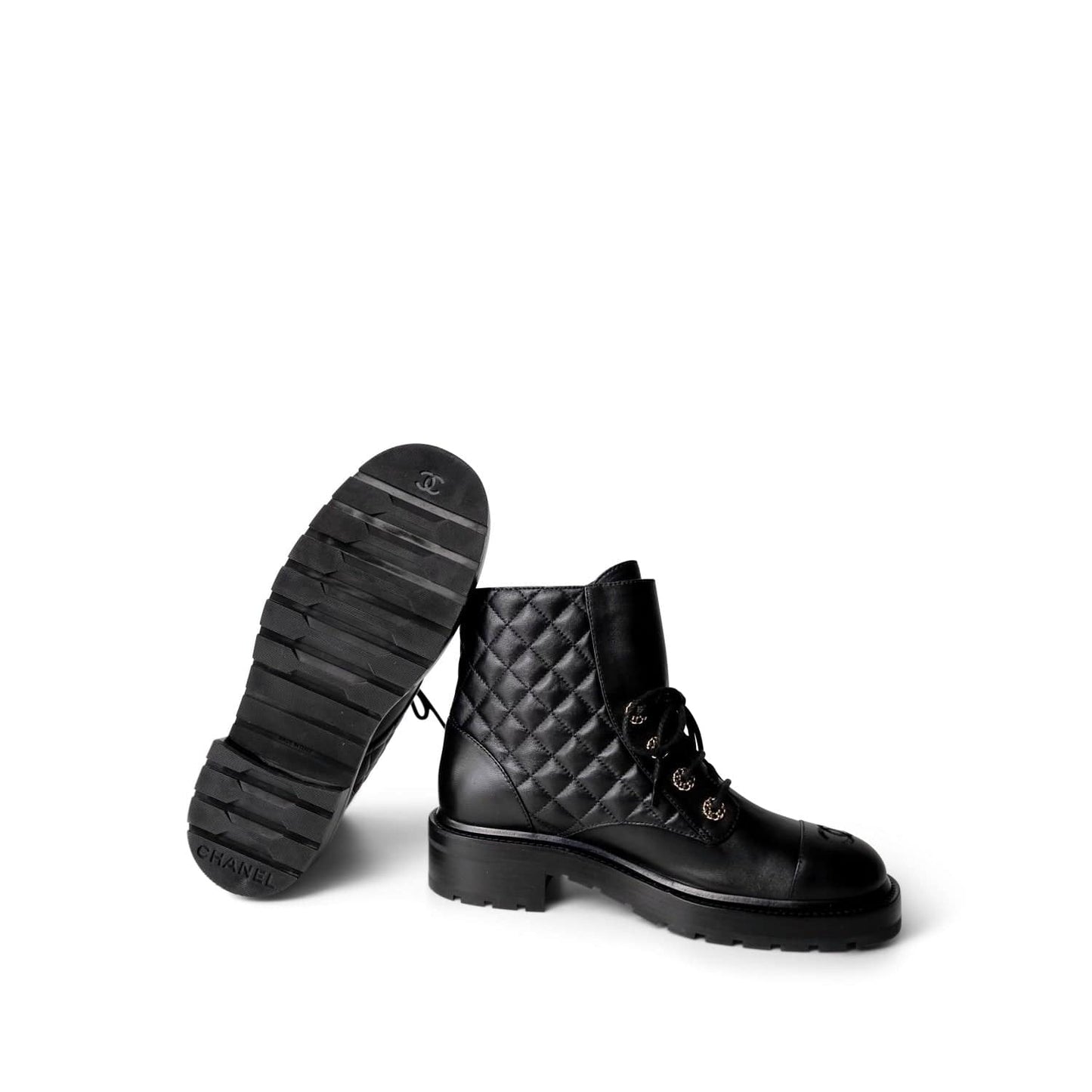 Black Calfskin Quilted Lace up Combat Boots Size 40