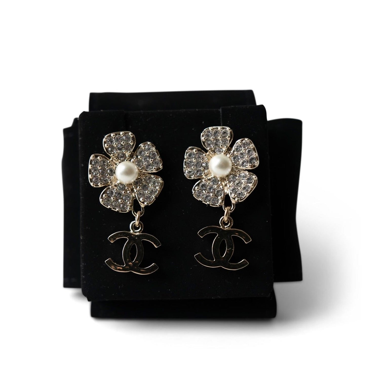23S Gold Pearl Crystal Flower Drop CC Earrings