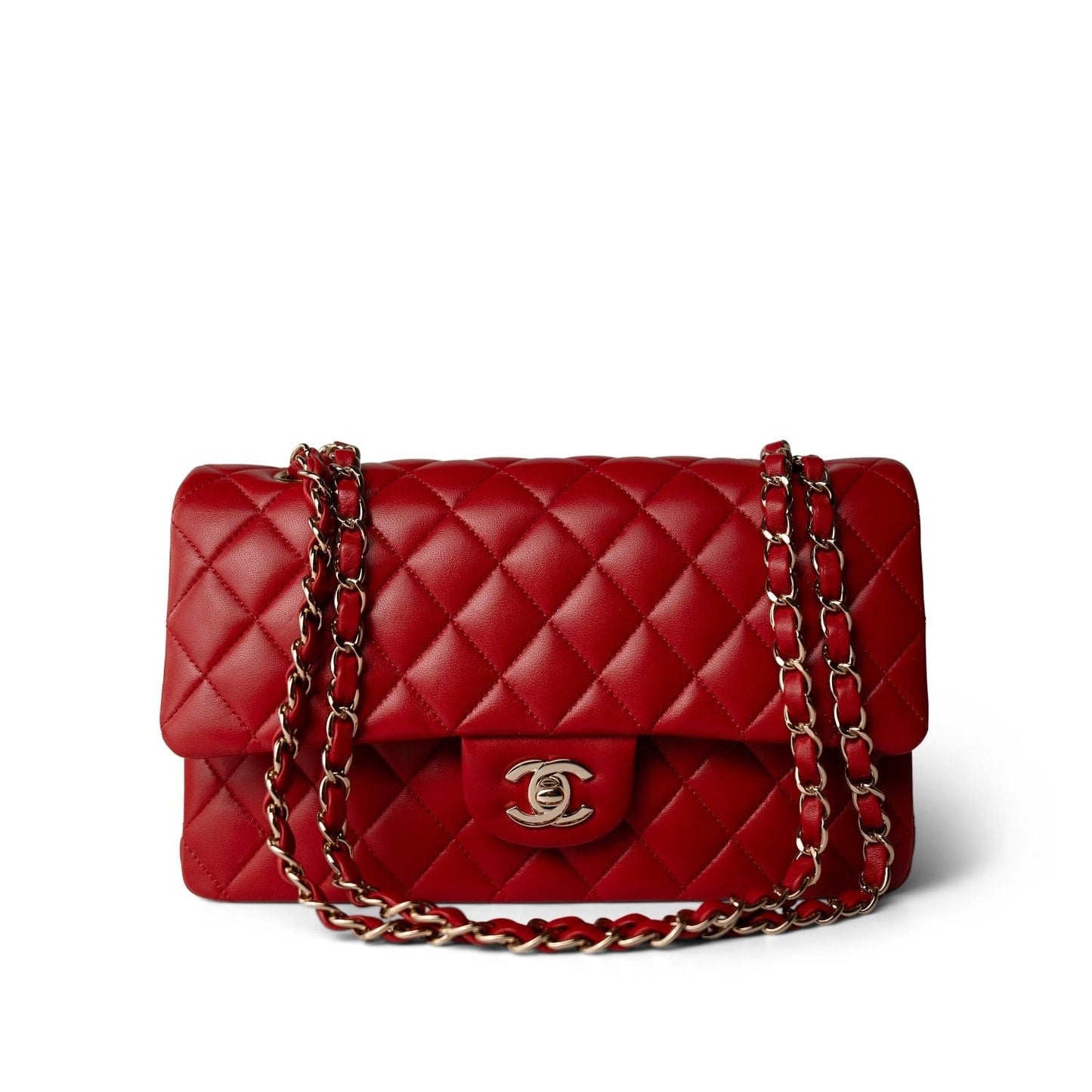 20S Red Lambskin Quilted Classic Flap Medium LGHW