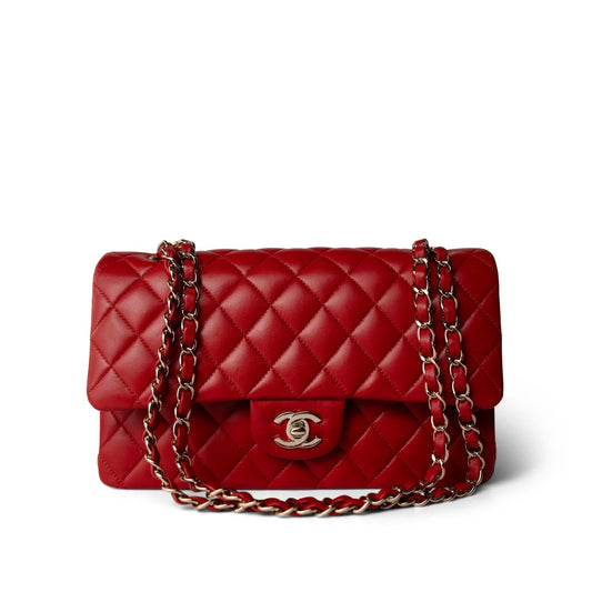 20S Red Lambskin Quilted Classic Flap Medium LGHW