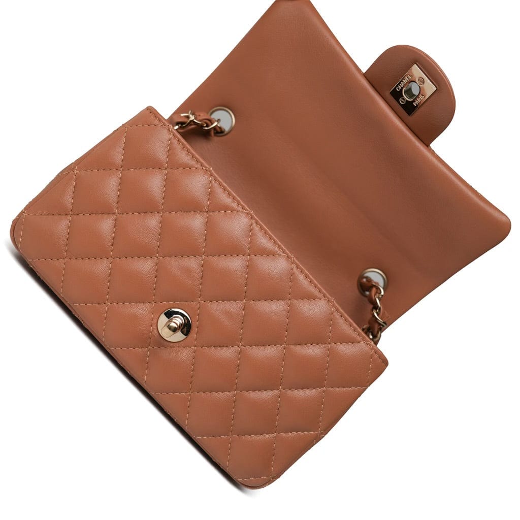 22S Caramel Lambskin Quilted Mini Rectangular Flap Light Gold Hardware