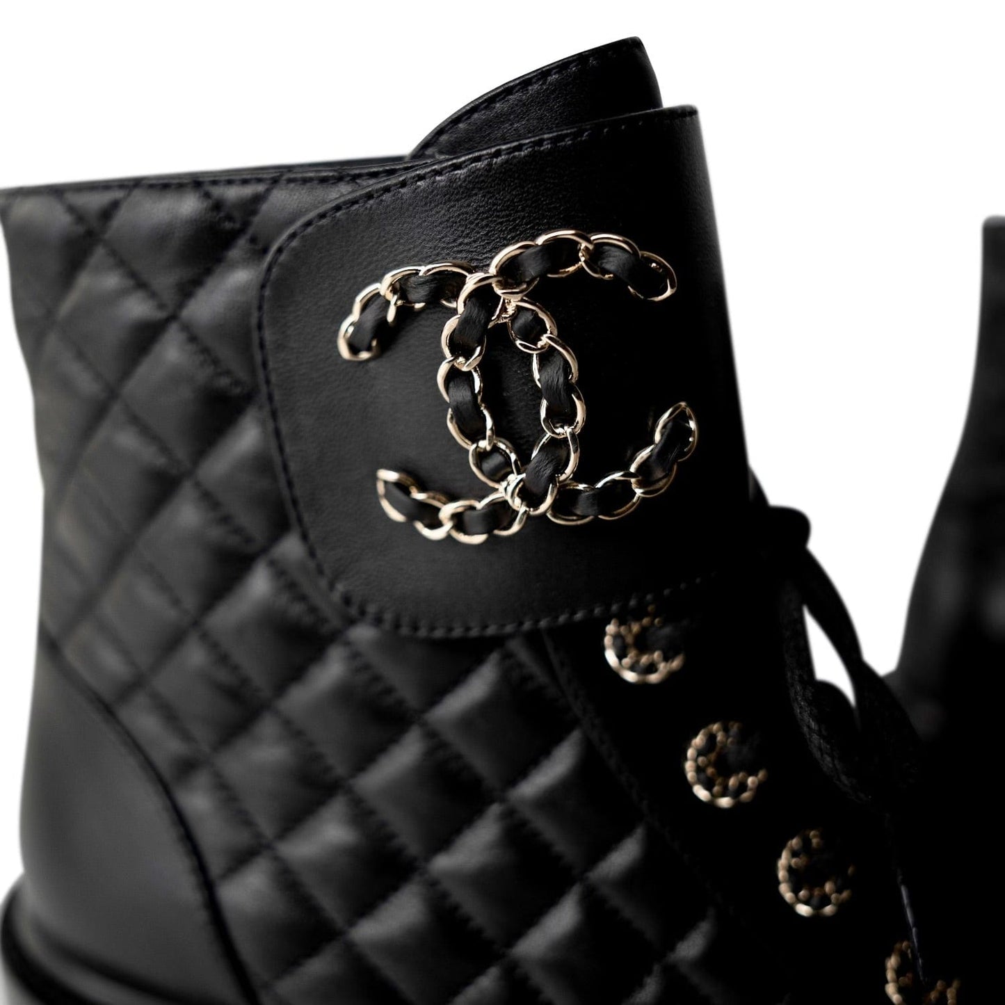 Black Calfskin Quilted Lace up Combat Boots Size 40