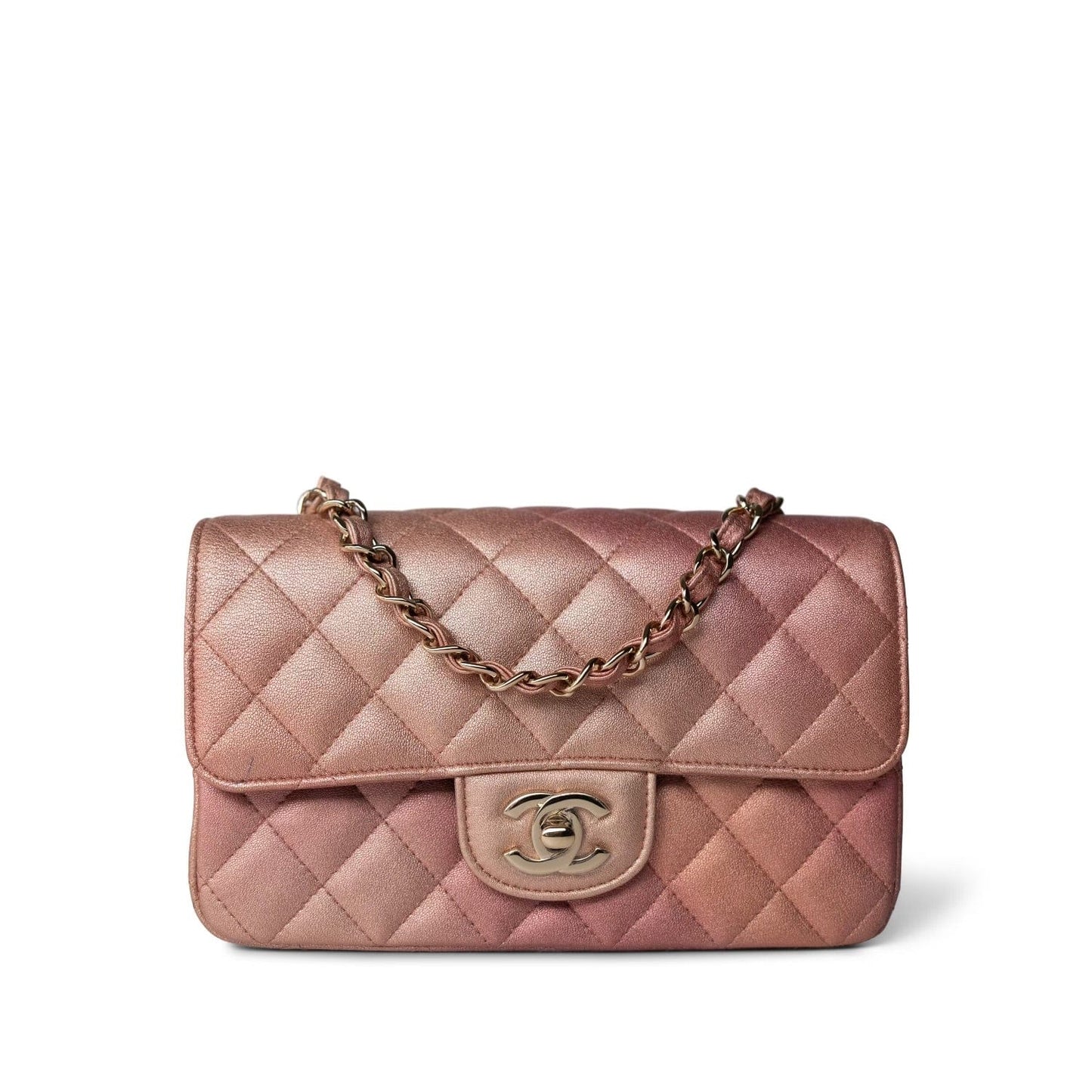 21S Metallic Rose Gold Grained Lambskin Quilted Mini Rectangular Flap