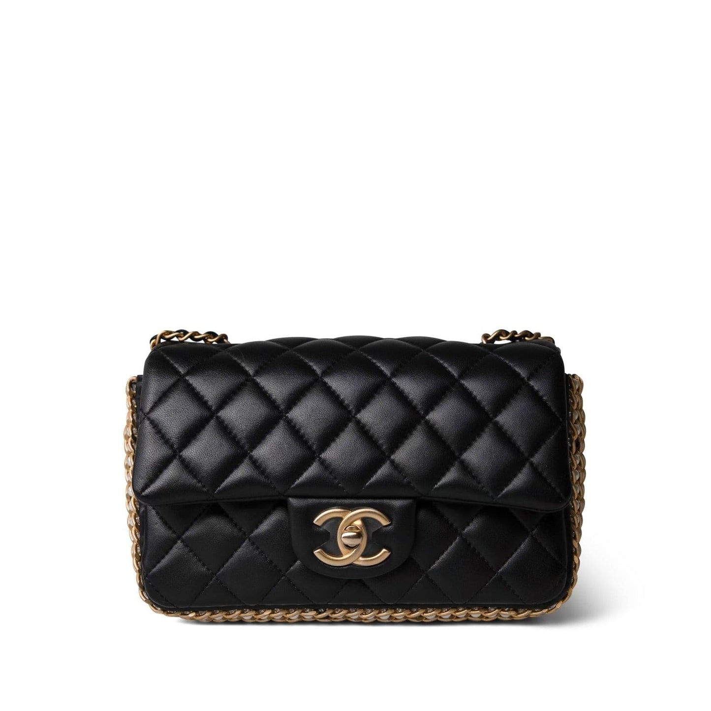 Black Lambskin Quilted Mini River of Pearls Flap Bag Aged Gold Hardware