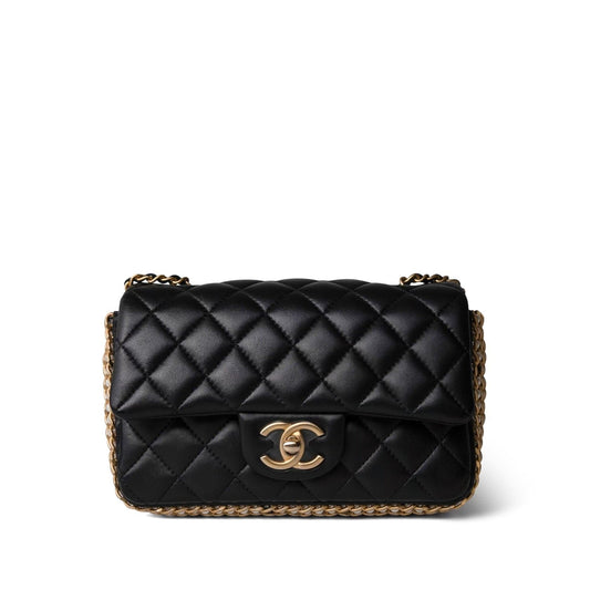 Black Lambskin Quilted Mini River of Pearls Flap Bag Aged Gold Hardware