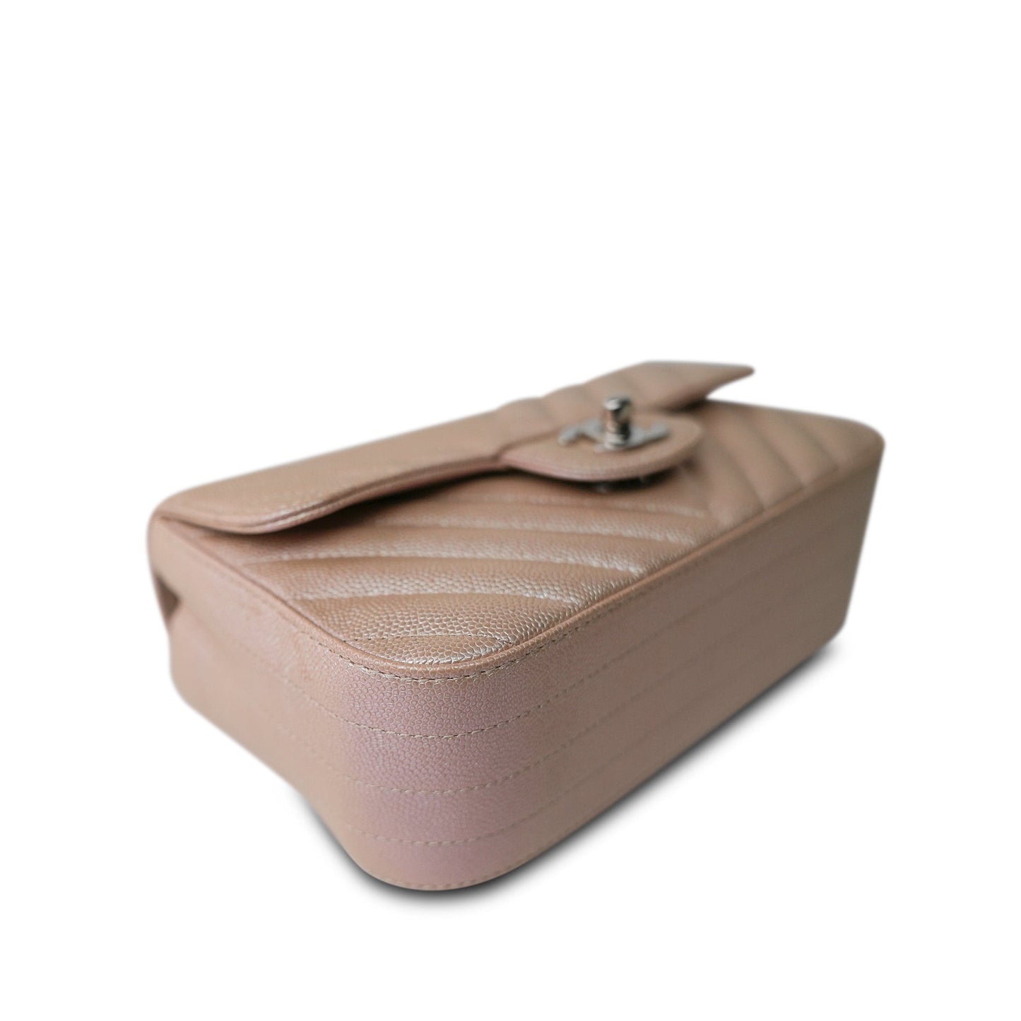 17B Rose Gold Iridescent Caviar Chevron Mini Rectangular Flap Silver Hardware