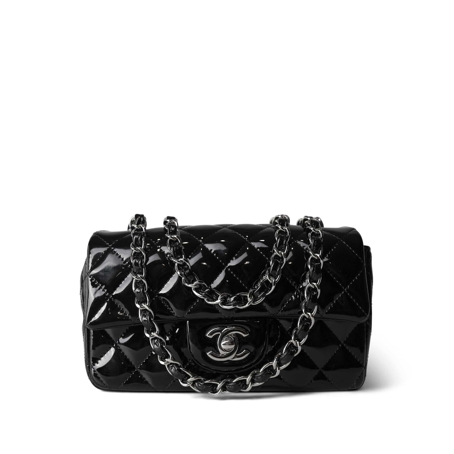 15B Black Patent Quilted Mini Rectangular Flap Silver Hardware