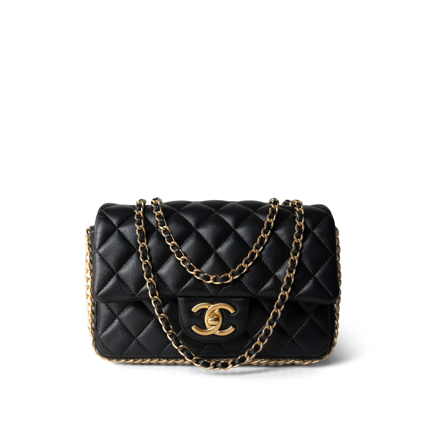 Black Lambskin Quilted Mini River of Pearls Flap Bag Aged Gold Hardware