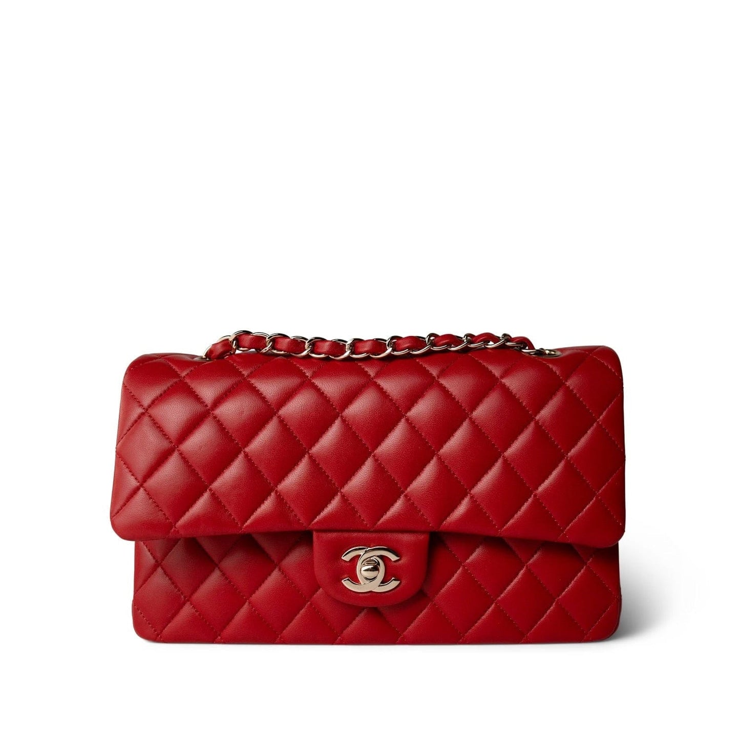 20S Red Lambskin Quilted Classic Flap Medium LGHW