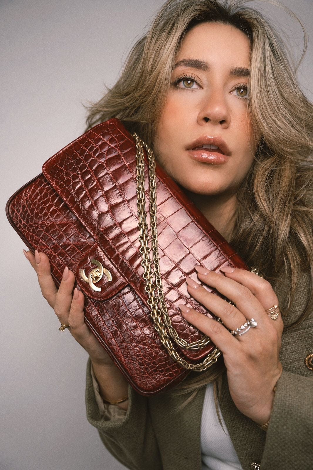 Vintage Red Alligator Double Flap Gold Hardware