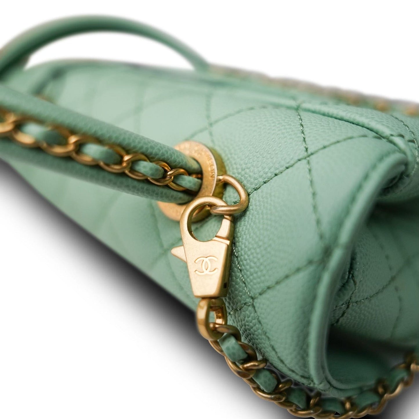 23P Light Green Caviar Quilted Coco Chain Handle Small Aged Gold Hardware