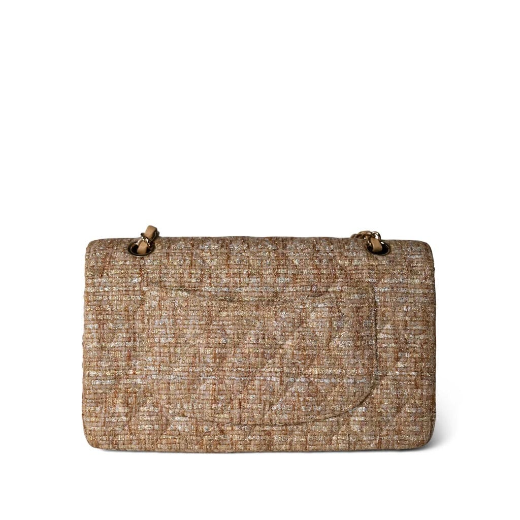 Bronze Gold Silver Tweed Quilted Beige Classic Flap Medium