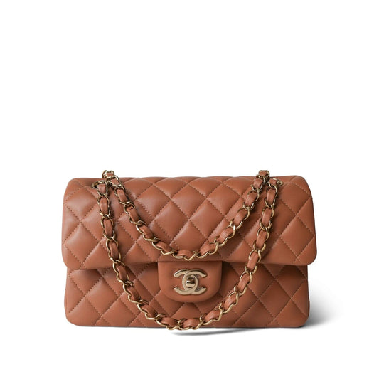 22S Caramel Lambskin Quilted Small Classic Flap Light Gold Hardware