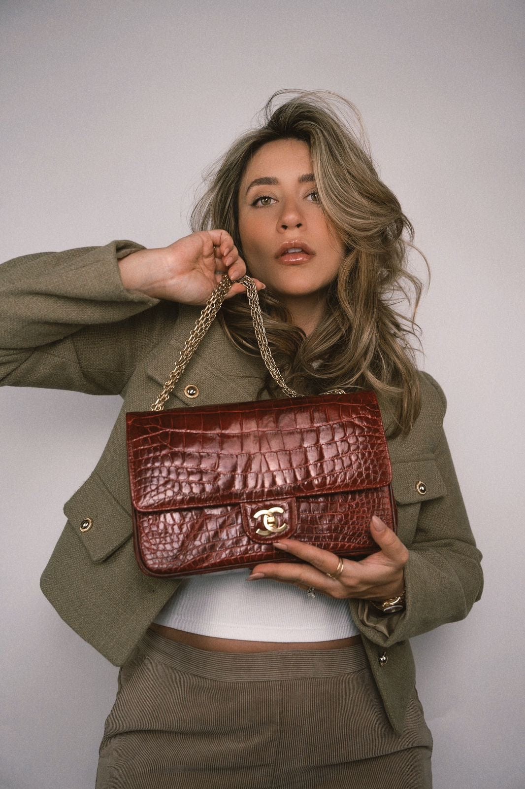 Vintage Red Alligator Double Flap Gold Hardware