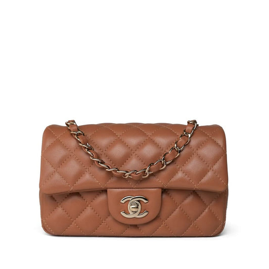 22S Caramel Lambskin Quilted Mini Rectangular Flap Light Gold Hardware