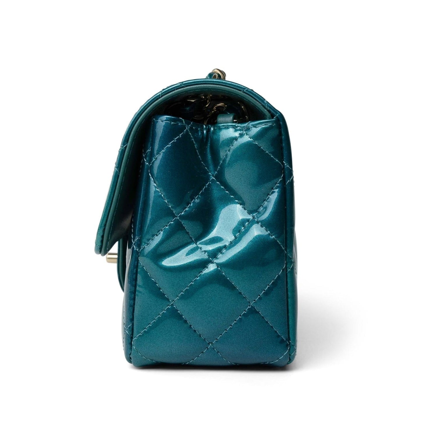 23P Multi Tone Green Patent Quilted Mini Rectangular Flap Light Gold Hardware