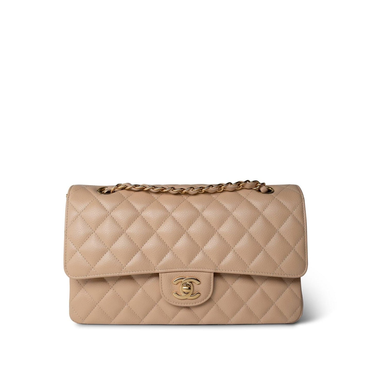 Beige Clair Caviar Quilted Classic Flap Medium Gold Hardware