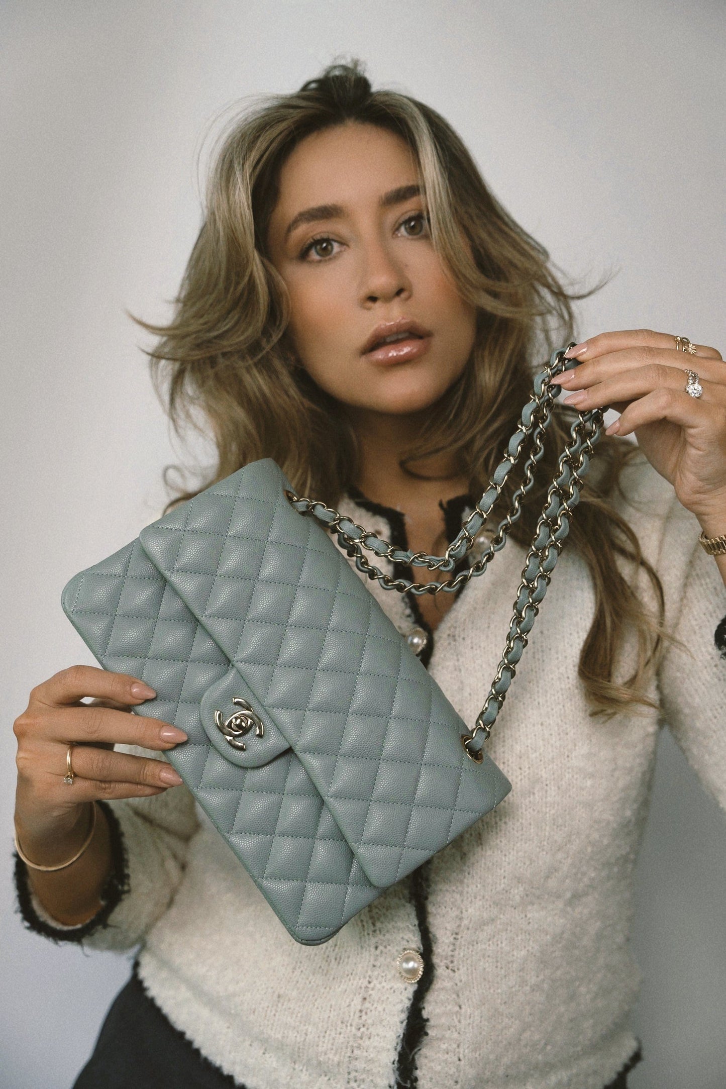 Light Green Caviar Quilted Classic Flap Medium Light Gold Hardware