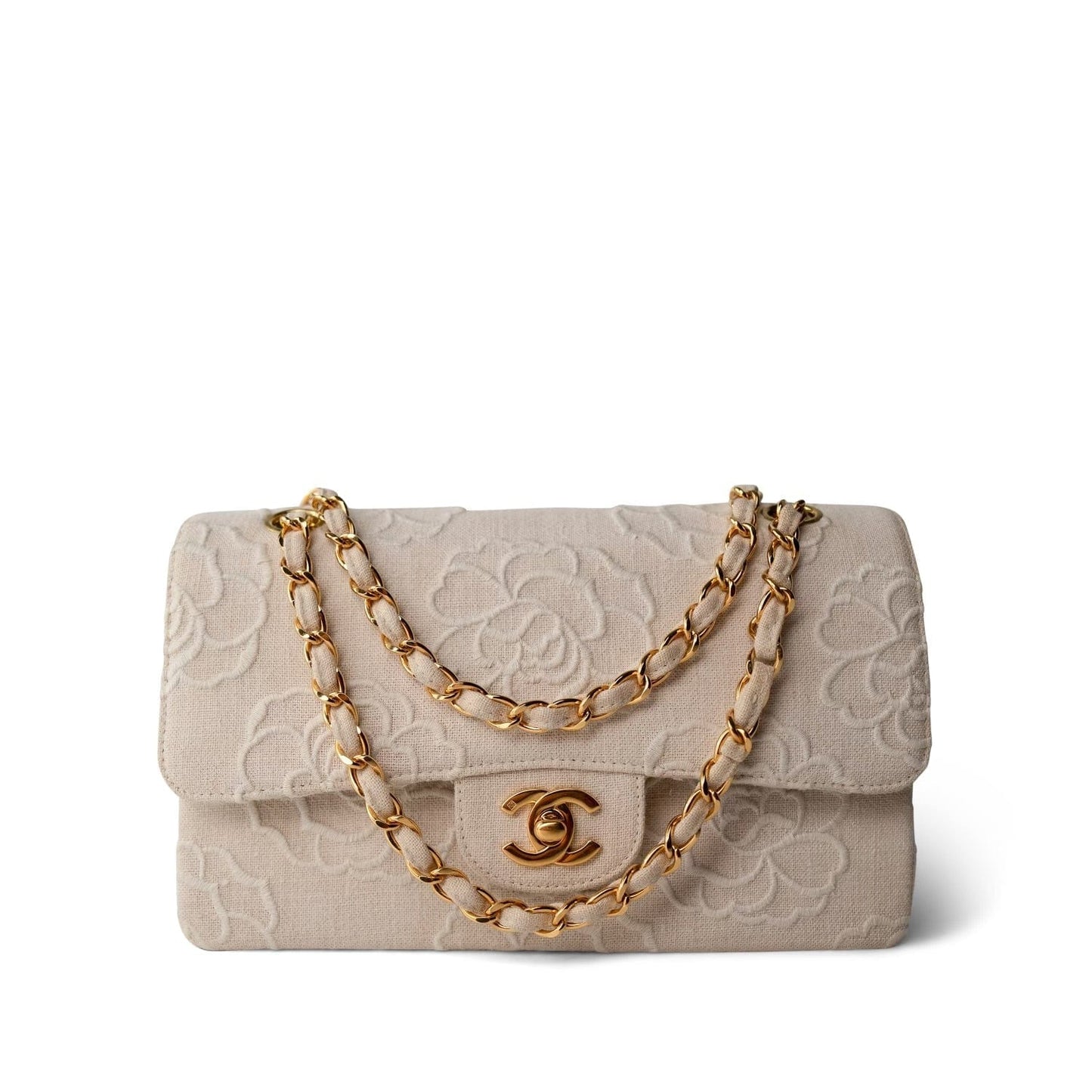 Ivory Canvas Camellia Classic Double Flap Gold Hardware
