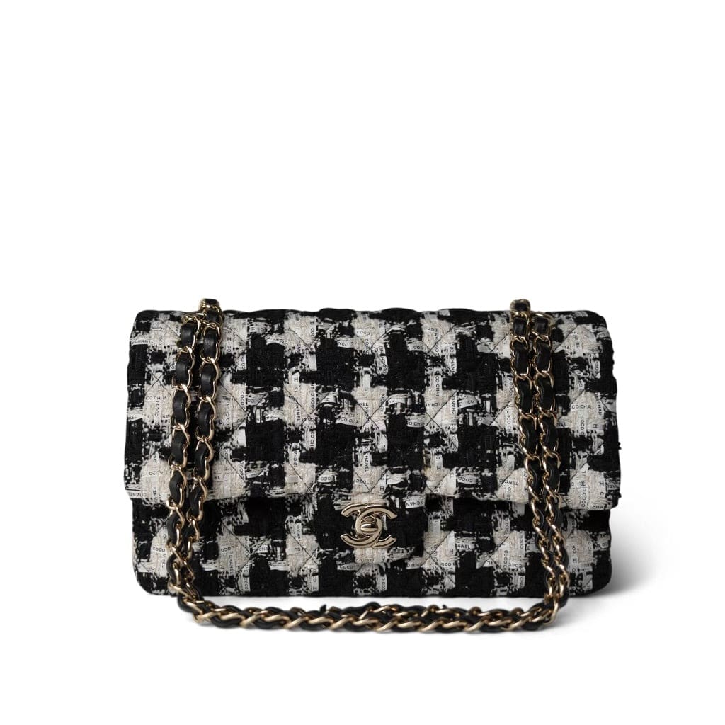 20S Black White Houndstooth Tweed Quilted Classic Flap Medium LGHW