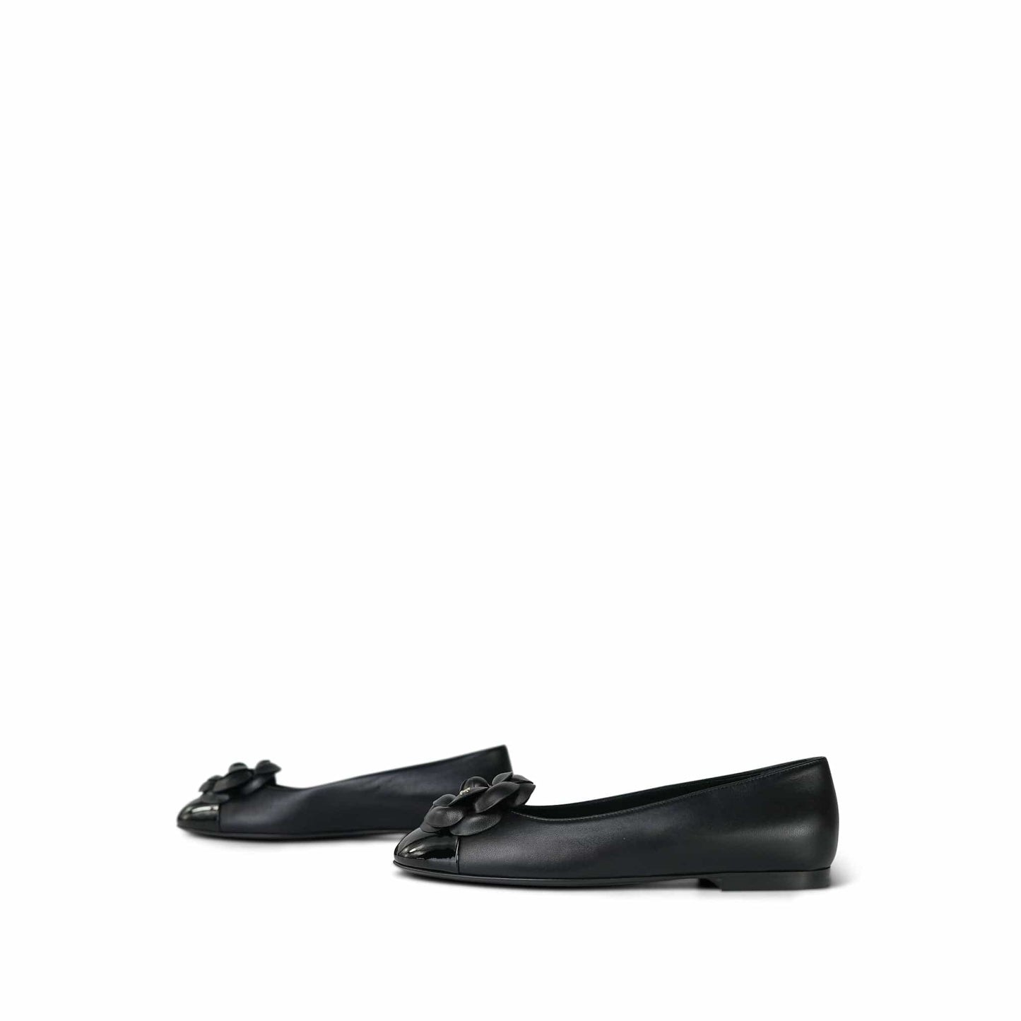 24P Black Lambskin Camellia CC Patent Cap Toe Ballerina Flats Size 36.5