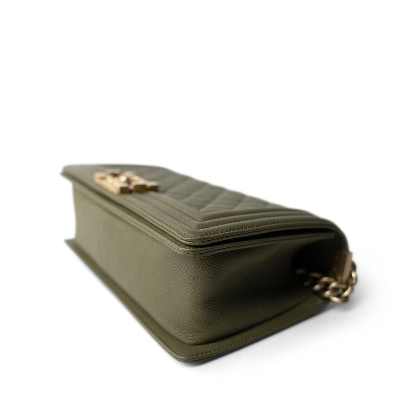 Khaki Caviar Quilted Old Medium Boy Bag Aged Gold Hardware