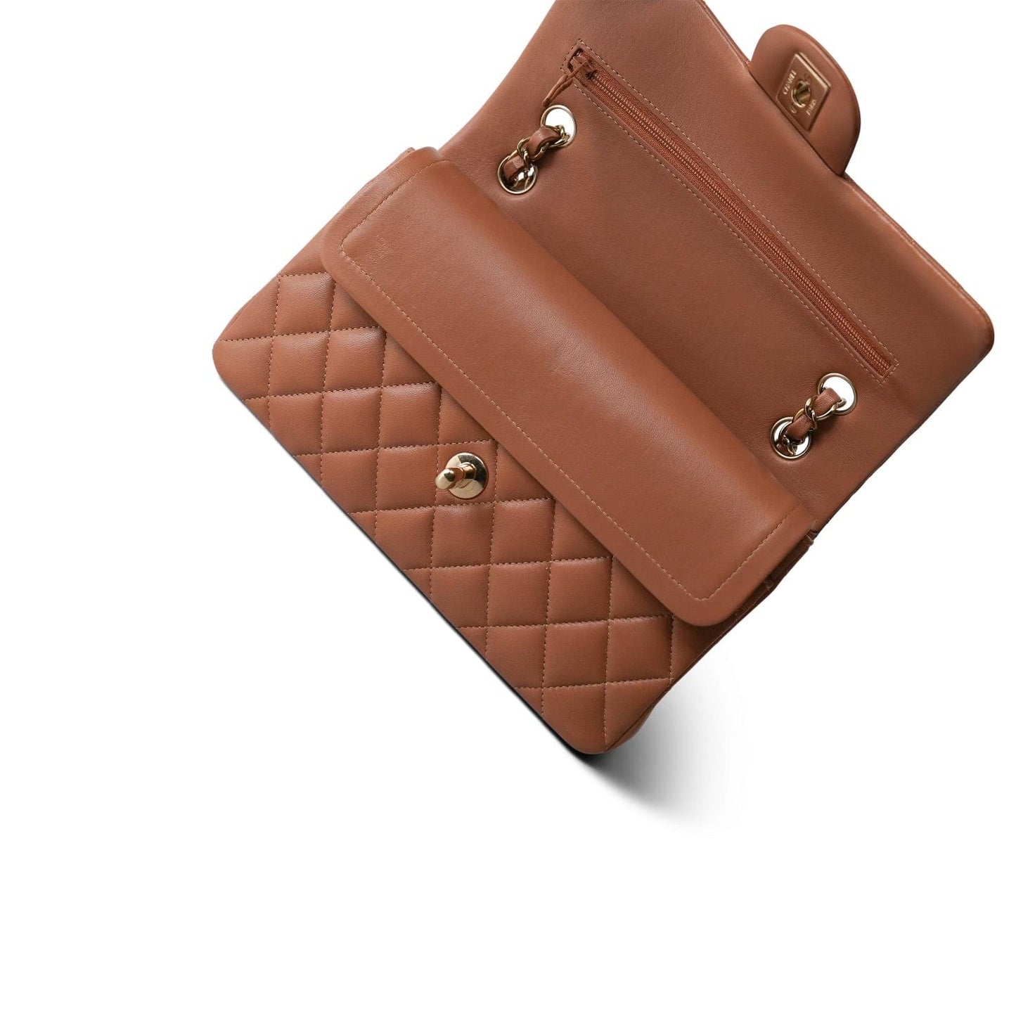 22S Caramel Lambskin Quilted Small Classic Flap Light Gold Hardware