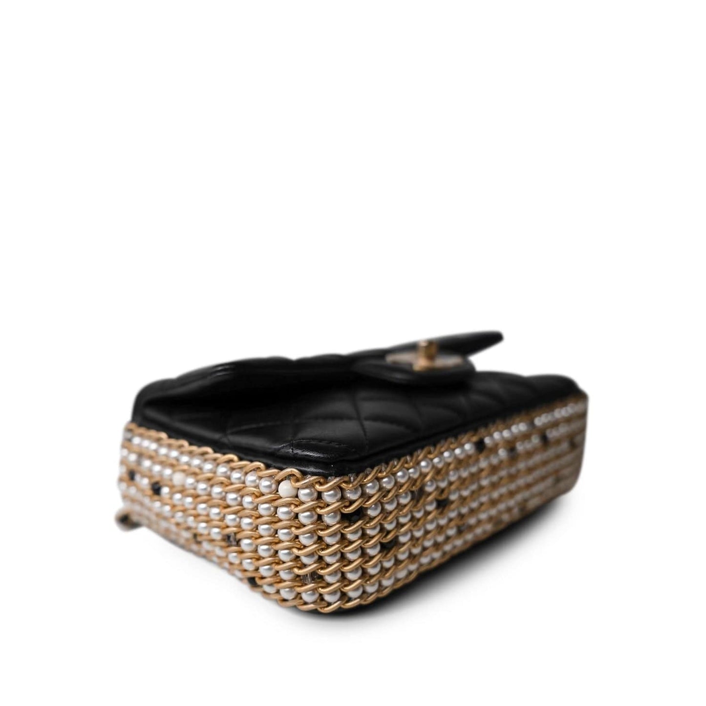 Black Lambskin Quilted Mini River of Pearls Flap Bag Aged Gold Hardware