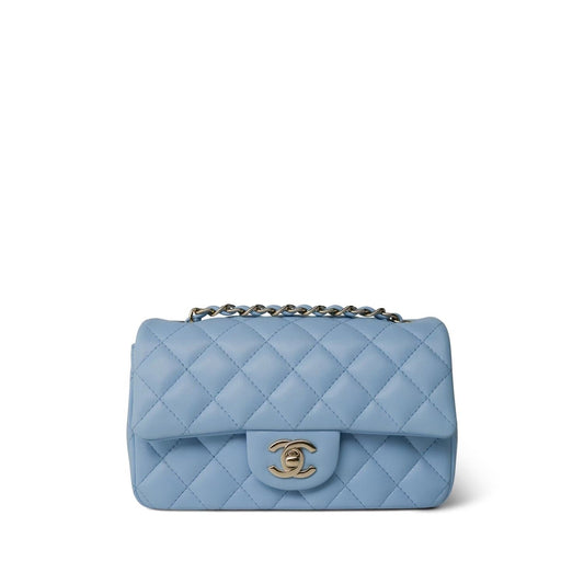 Light Blue Lambskin Quilted Mini Rectangular Flap LGHW