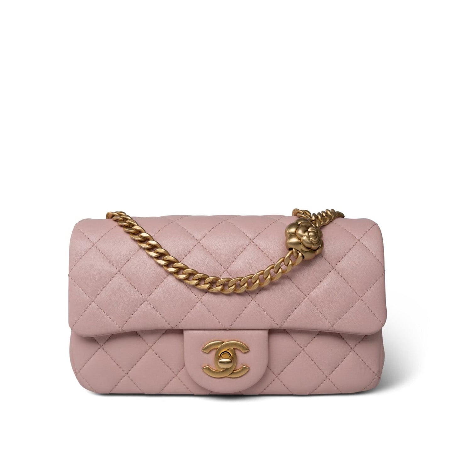 Light Pink Lambskin Quilted Sweet Camelia Single Flap Aged GHW