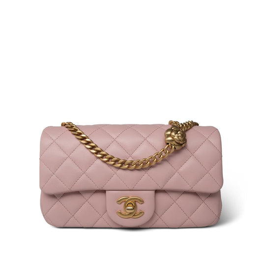 Light Pink Lambskin Quilted Sweet Camelia Single Flap Aged GHW