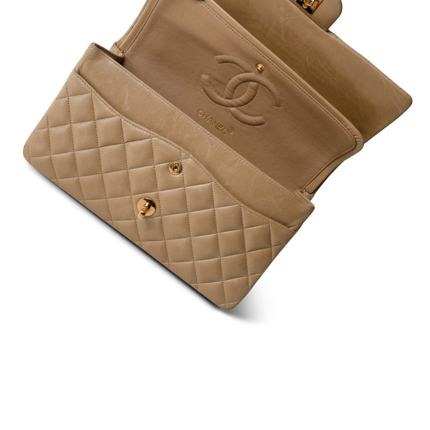 Dark Beige Lambskin Quilted Vintage Classic Flap Medium Gold Hardware