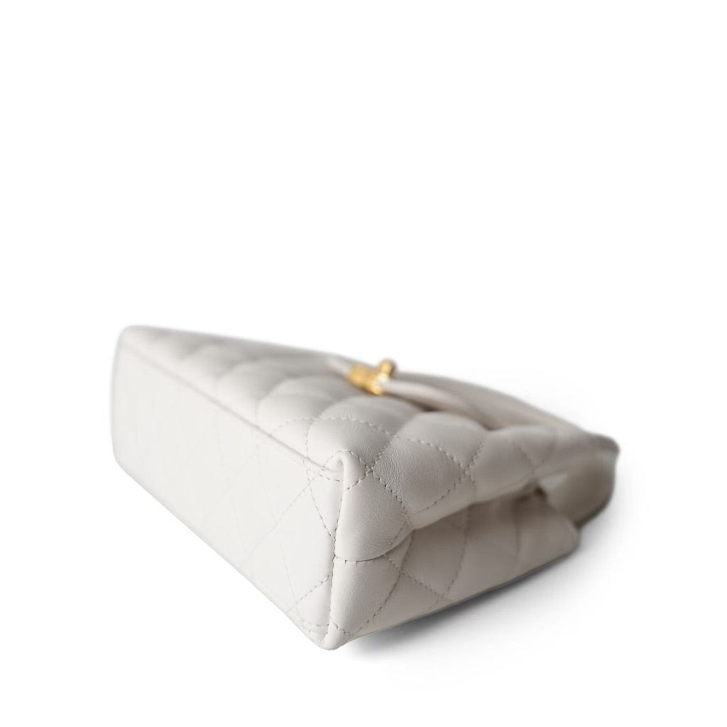 24P Shiny Aged Calfskin Quilted Nano Kelly Shopper White Aged Gold Hardware