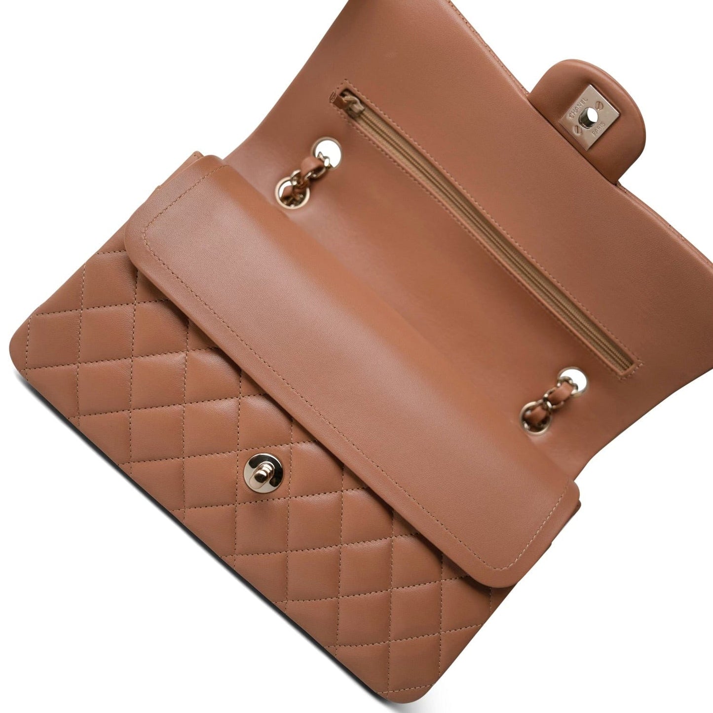 21P Caramel Lambskin Quilted Classic Flap Medium LGHW