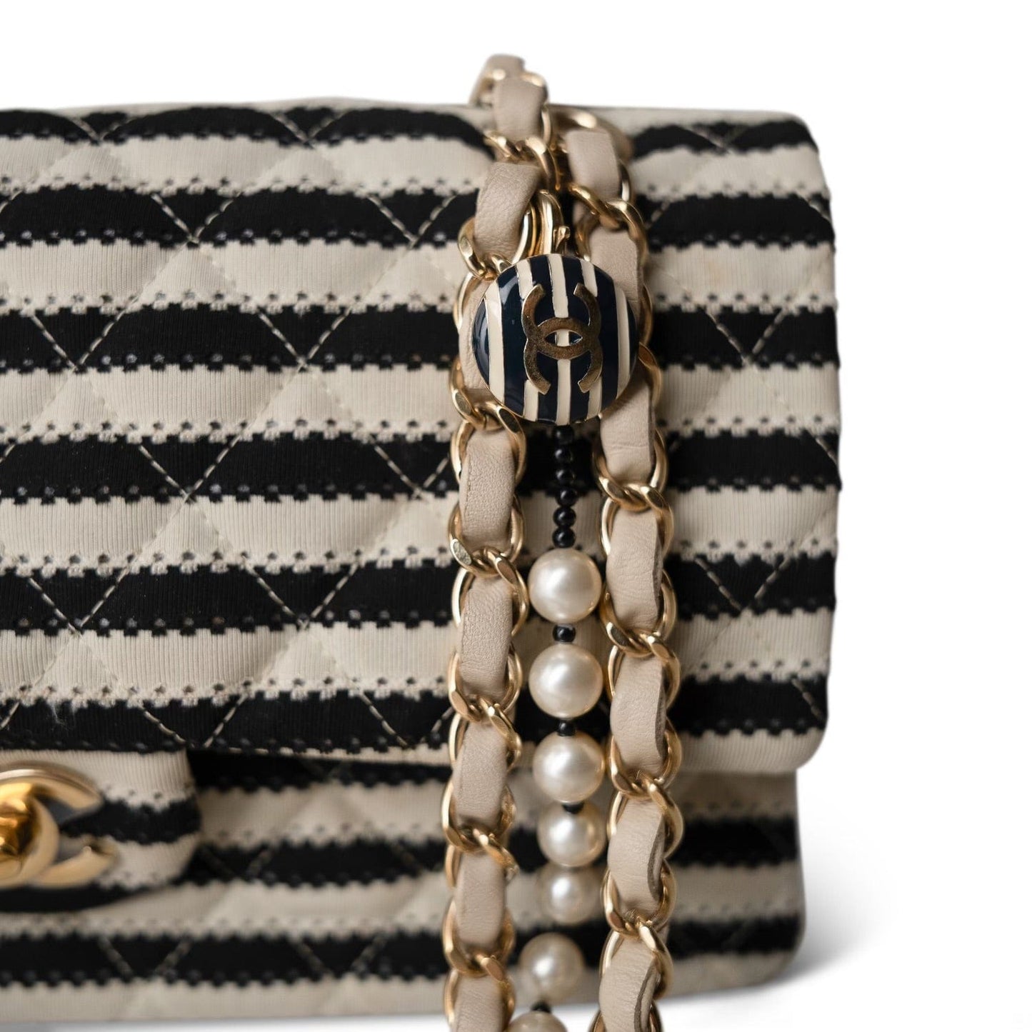 Ivory/Black Striped Coco Sailor Pearl Classic Flap Bag Gold Hardware