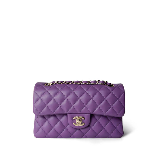 22P Purple Lambskin Quilted Classic Flap Small LGHW