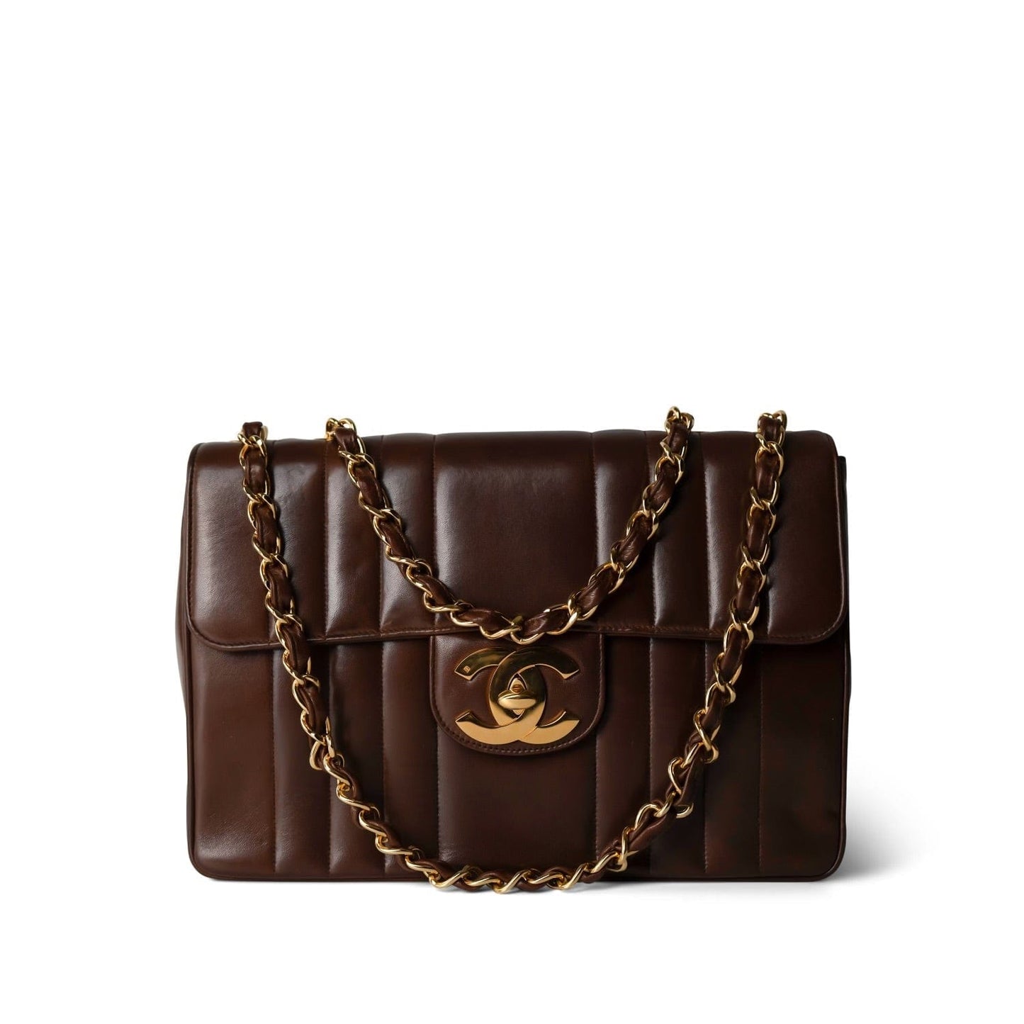 Brown Mademoiselle Lambskin Vertical Flap Jumbo Gold Hardware