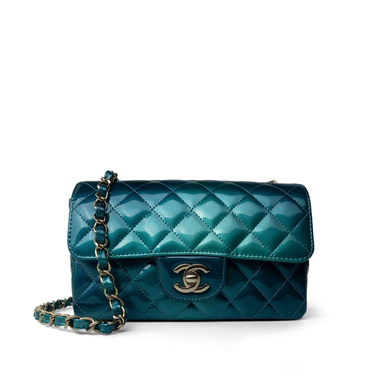 23P Multi Tone Green Patent Quilted Mini Rectangular Flap Light Gold Hardware