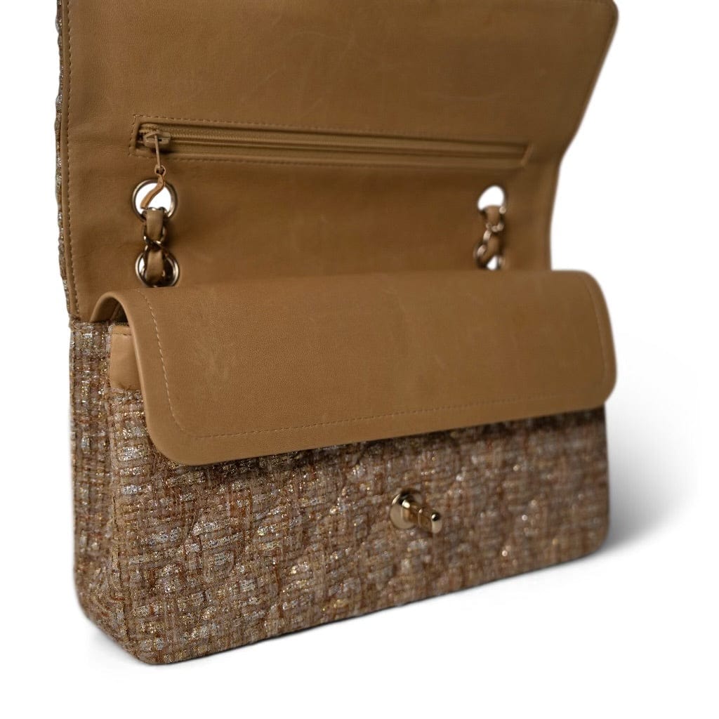 Bronze Gold Silver Tweed Quilted Beige Classic Flap Medium