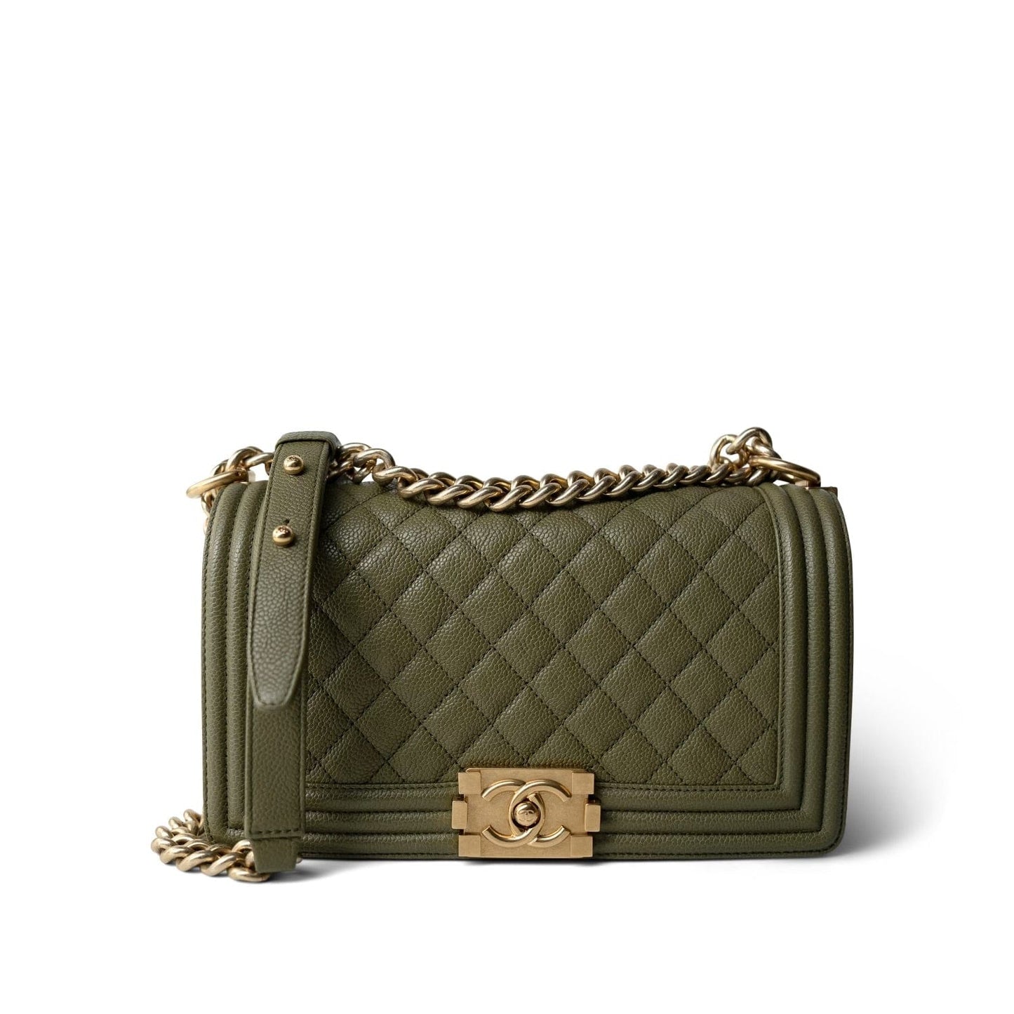 Khaki Caviar Quilted Old Medium Boy Bag Aged Gold Hardware