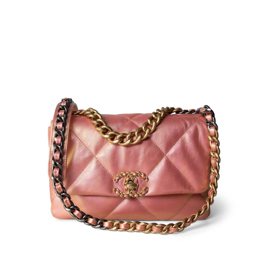 21P Iridescent Pink/Gold Lambskin Quilted 19 Flap Small Mixed Hardware