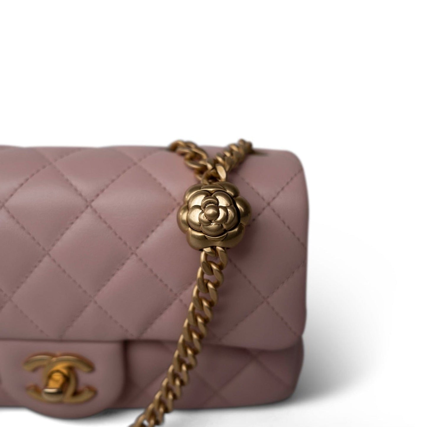 Light Pink Lambskin Quilted Sweet Camelia Single Flap Aged GHW