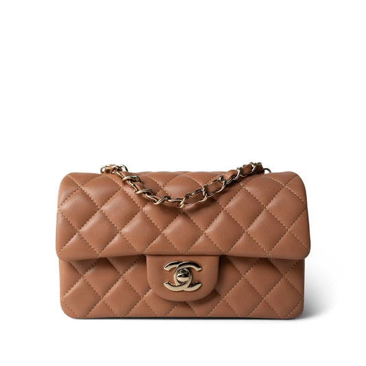 21P Light Caramel Lambskin Quilted Mini Rectangular Single Flap LGHW