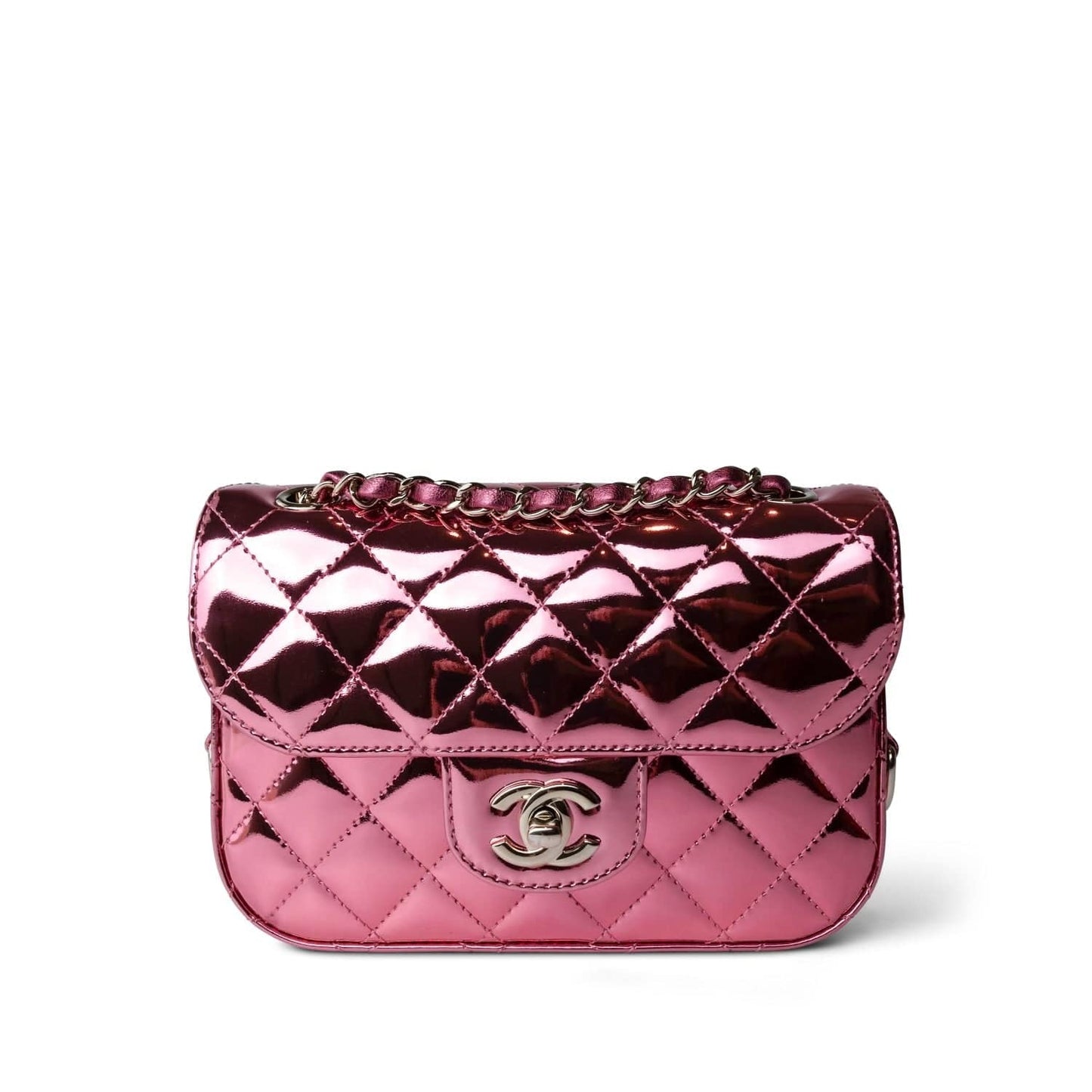 24C Shiny Pink Calfskin Quilted Flap Bag & Coin Purse
