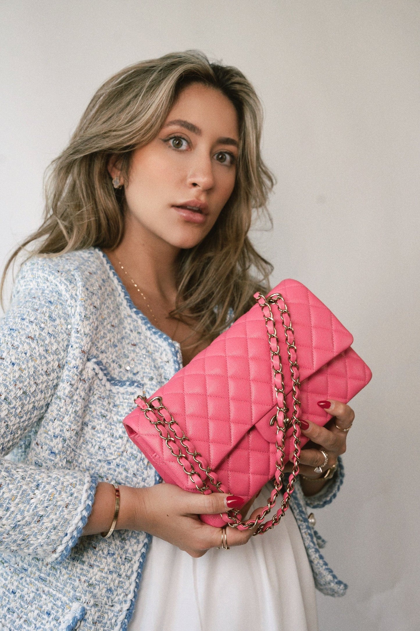 23S Pink Caviar Quilted Classic Flap Medium Light Gold Hardware