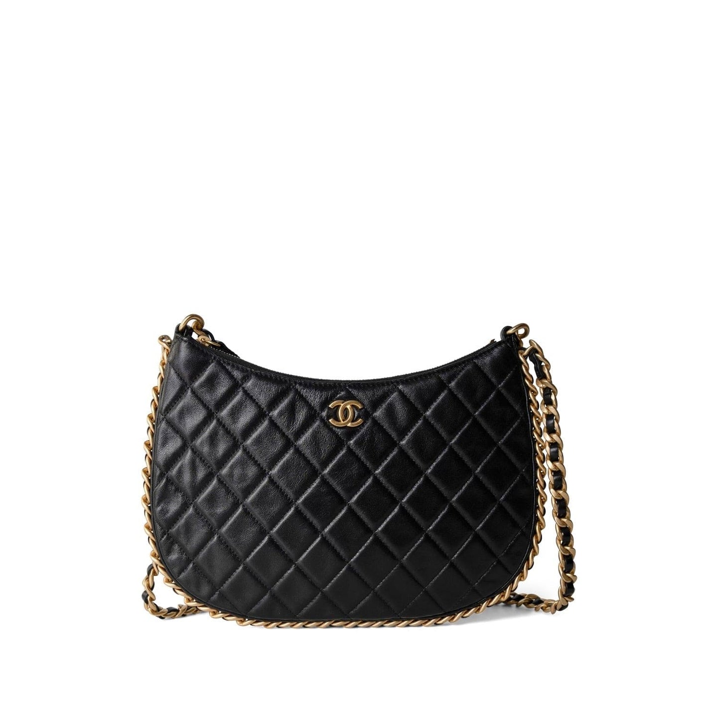 23B Black Shiny Crumpled Lambskin Quilted Large CC Hobo Bag Aged Gold Hardware