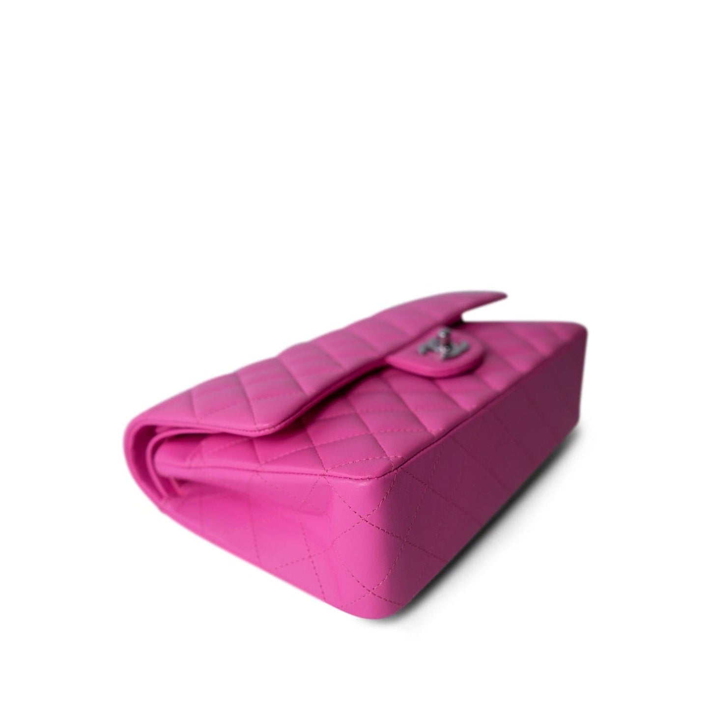 21S Neon Pink Lambskin Quilted Classic Flap Medium Silver Hardware