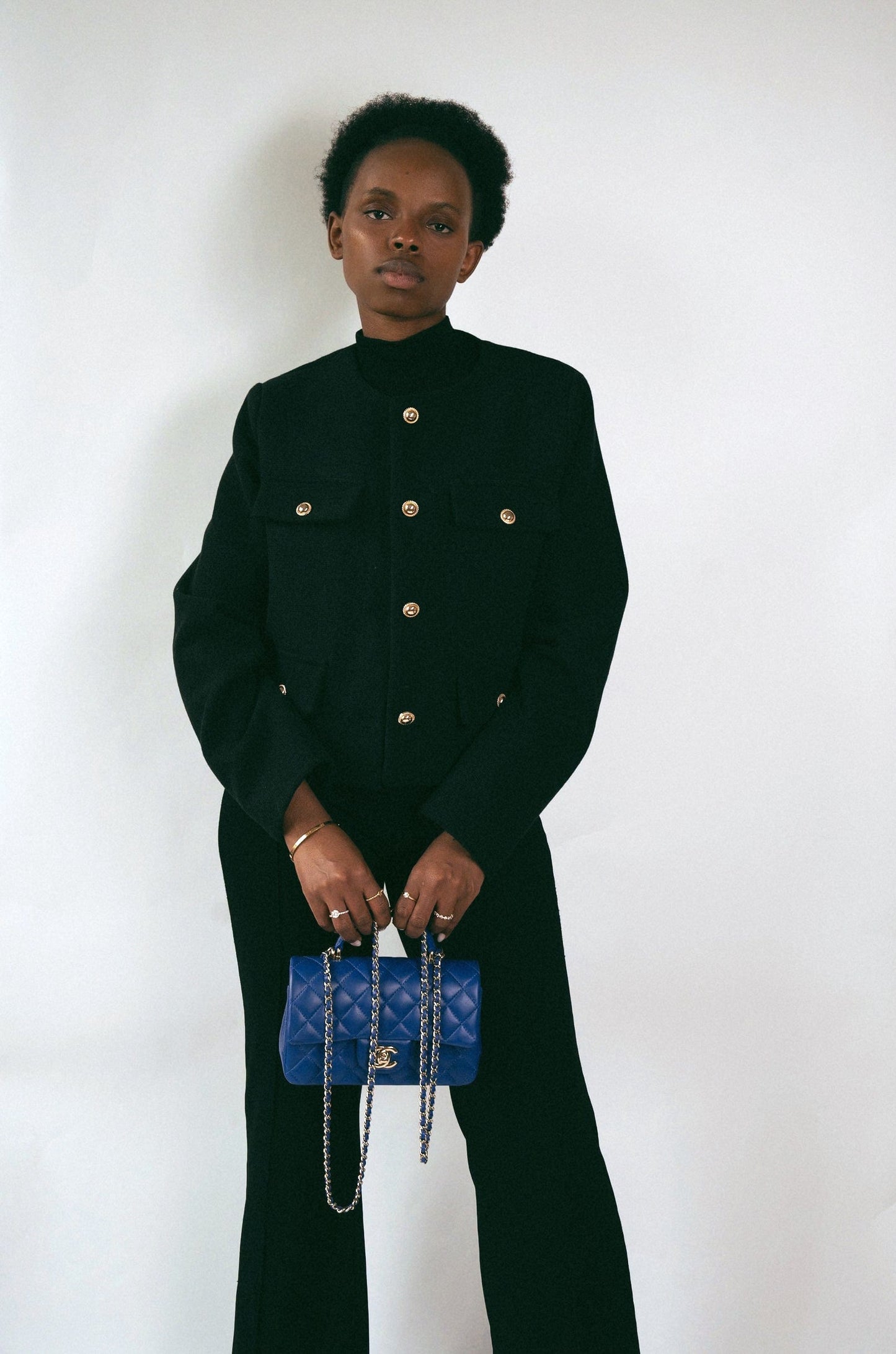 Blue Lambskin Quilted Mini Top Handle Light Gold Hardware