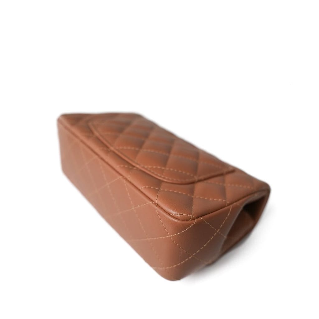 22S Caramel Lambskin Quilted Mini Rectangular Flap Light Gold Hardware