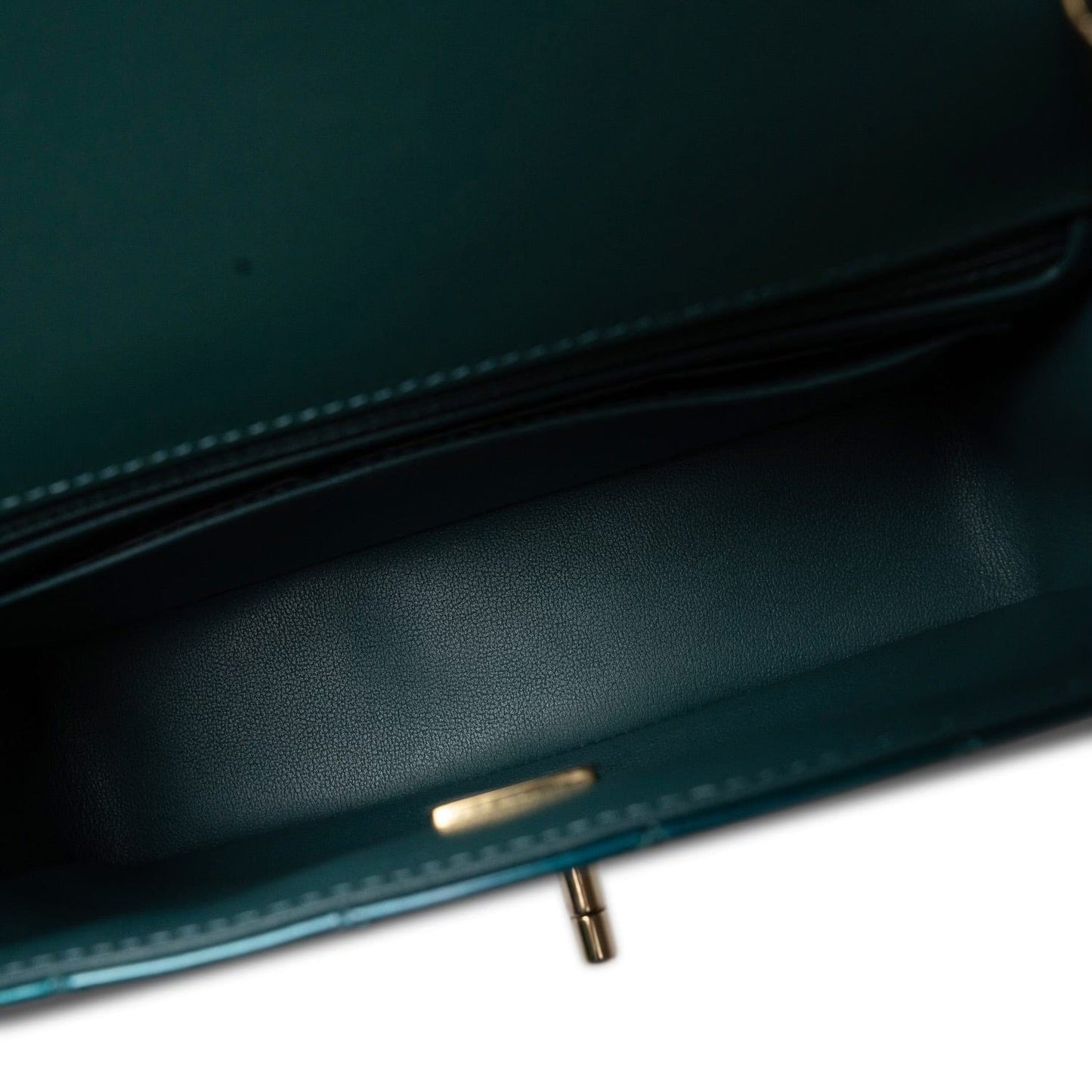 23P Multi Tone Green Patent Quilted Mini Rectangular Flap Light Gold Hardware